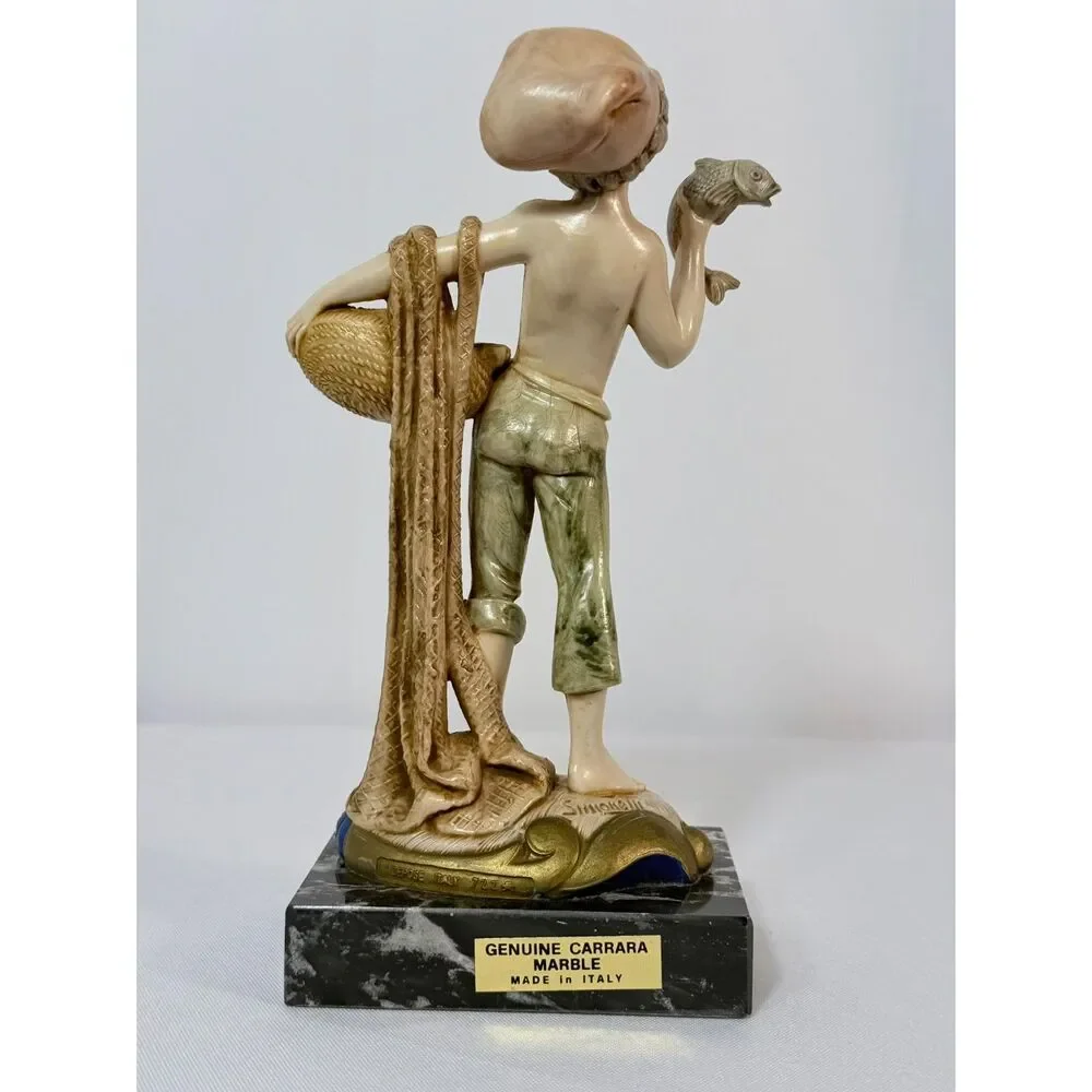 VTG Fontanini Depose Italy Carrara Marble Simonelli Boy with Fish 7